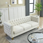 Canapé 3 places 2 pièces en velours, canapé Chesterfield classique avec boutons touffetés, accoudoirs carrés, clous décoratifs et pieds en métal