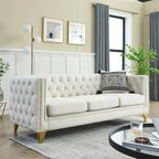 Canapé 3 places 2 pièces en velours, canapé Chesterfield classique avec boutons touffetés, accoudoirs carrés, clous décoratifs et pieds en métal