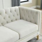 Canapé 3 places 2 pièces en velours, canapé Chesterfield classique avec boutons touffetés, accoudoirs carrés, clous décoratifs et pieds en métal