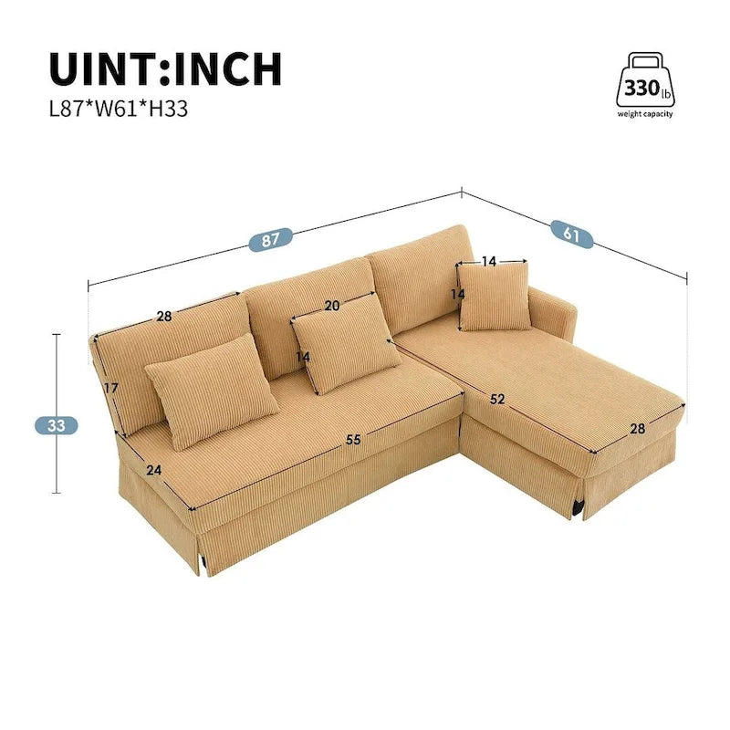 L-shaped Sofa Couch Bed Modern Reversible Sectional Sofa with Storage Chaise for Living Room