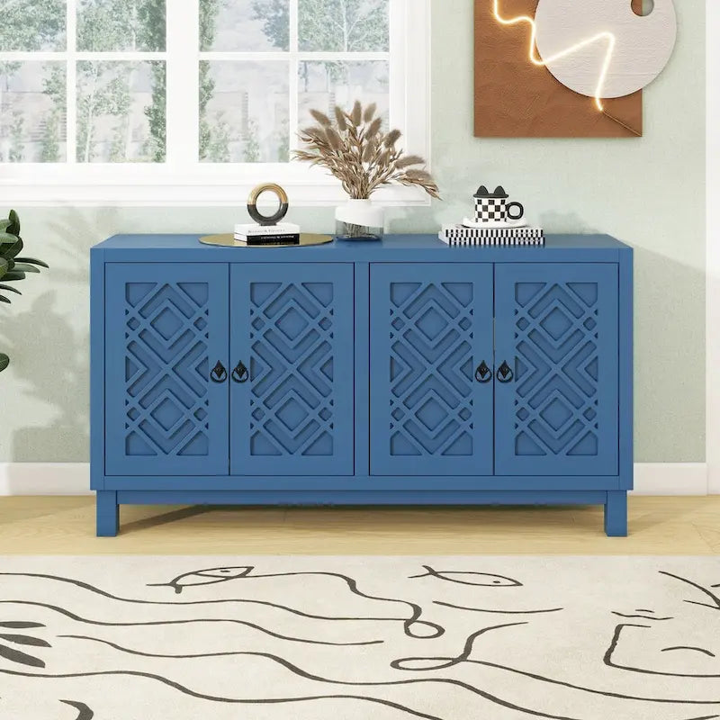 Grand buffet de rangement, buffet 4 portes avec poignées à anneau pour salon, salle à manger (bleu marine)