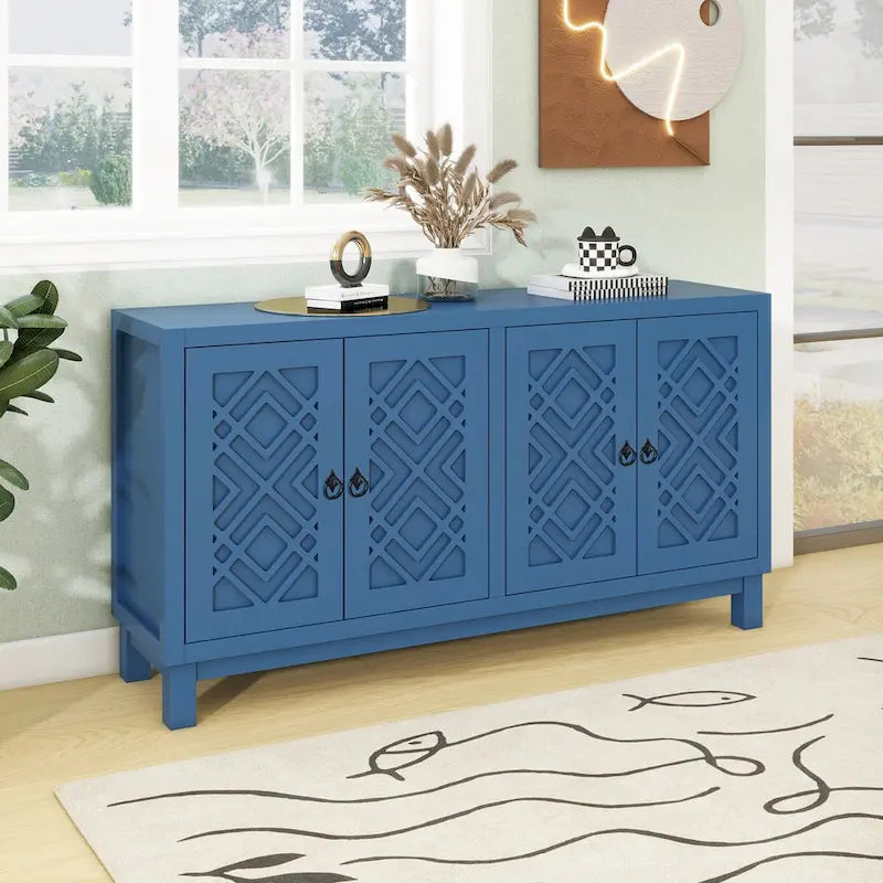 Grand buffet de rangement, buffet 4 portes avec poignées à anneau pour salon, salle à manger (bleu marine)