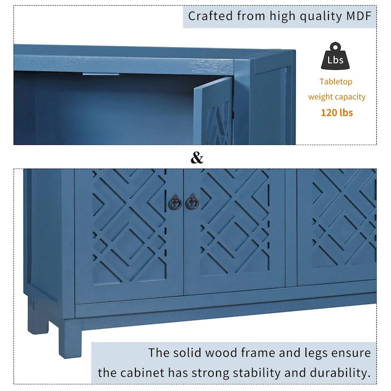 Grand buffet de rangement, buffet 4 portes avec poignées à anneau pour salon, salle à manger (bleu marine)
