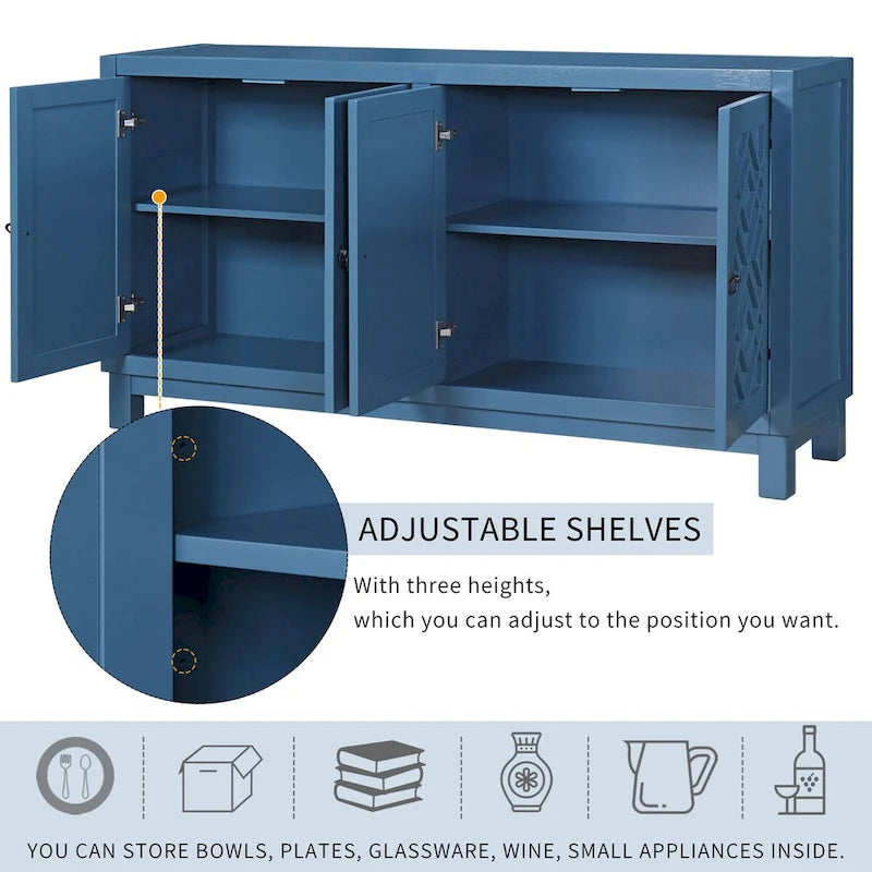 Grand buffet de rangement, buffet 4 portes avec poignées à anneau pour salon, salle à manger (bleu marine)