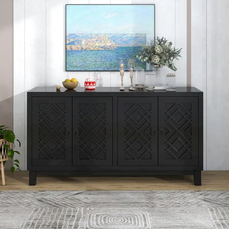 Grand buffet de rangement, buffet 4 portes avec poignées à anneau pour salon, salle à manger (bleu marine)