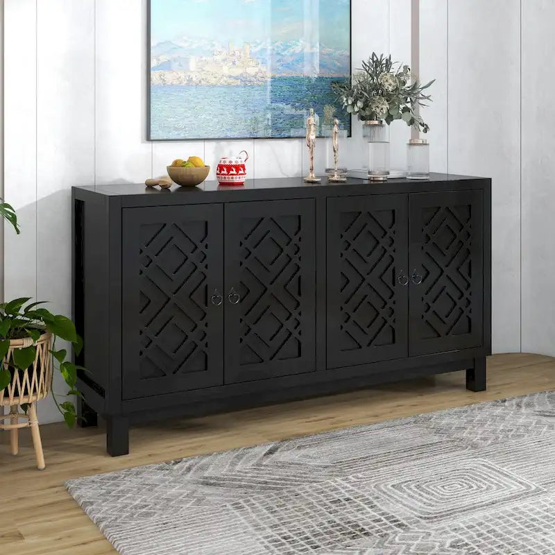 Grand buffet de rangement, buffet 4 portes avec poignées à anneau pour salon, salle à manger (bleu marine)