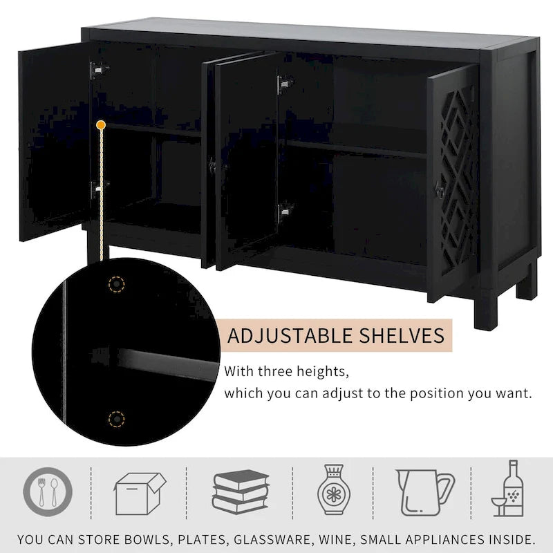 Grand buffet de rangement, buffet 4 portes avec poignées à anneau pour salon, salle à manger (bleu marine)