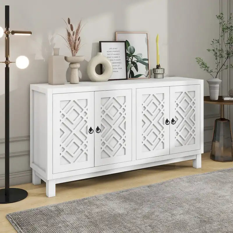 Grand buffet de rangement, buffet 4 portes avec poignées à anneau pour salon, salle à manger (bleu marine)