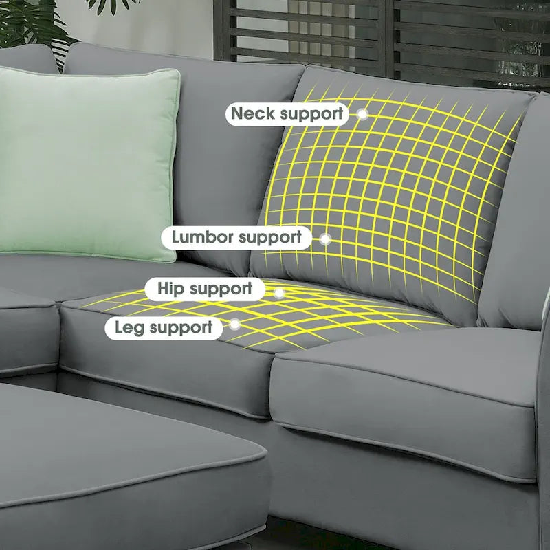 112-inch L-shaped 7-seat Modular Sectional Sofa with Ottoman and Three Pillows - 112W x 87D x 33H