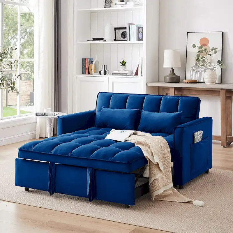 Canapé-lit futon convertible 3-en-1 en velours moderne de 140 cm avec dossier réglable, sac de rangement et oreiller