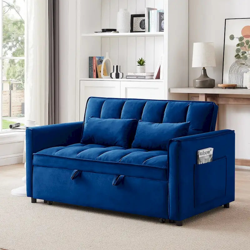 Canapé-lit futon convertible 3-en-1 en velours moderne de 140 cm avec dossier réglable, sac de rangement et oreiller