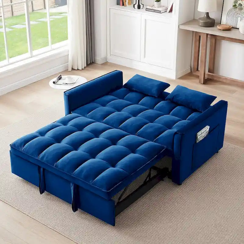 Canapé-lit futon convertible 3-en-1 en velours moderne de 140 cm avec dossier réglable, sac de rangement et oreiller
