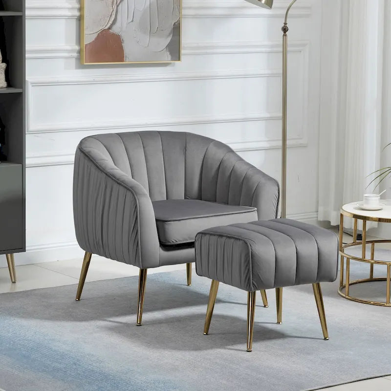 Modern Velvet Accent Chair with Ottoman for Living Room/Bedroom/Nail Salon