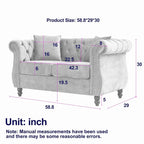 Beige Velvet Chesterfield Loveseat Sofa, Rolled Arms, Nailhead Trim