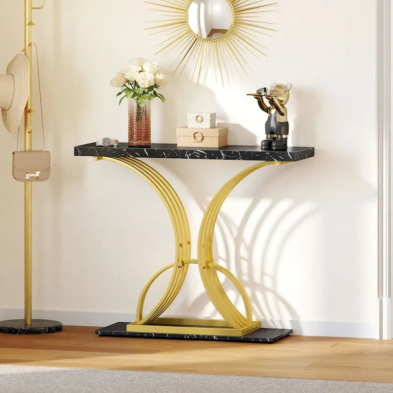 Moasis 39 Table console moderne en faux marbre avec piètement doré, table d'appoint pour entrée de salon