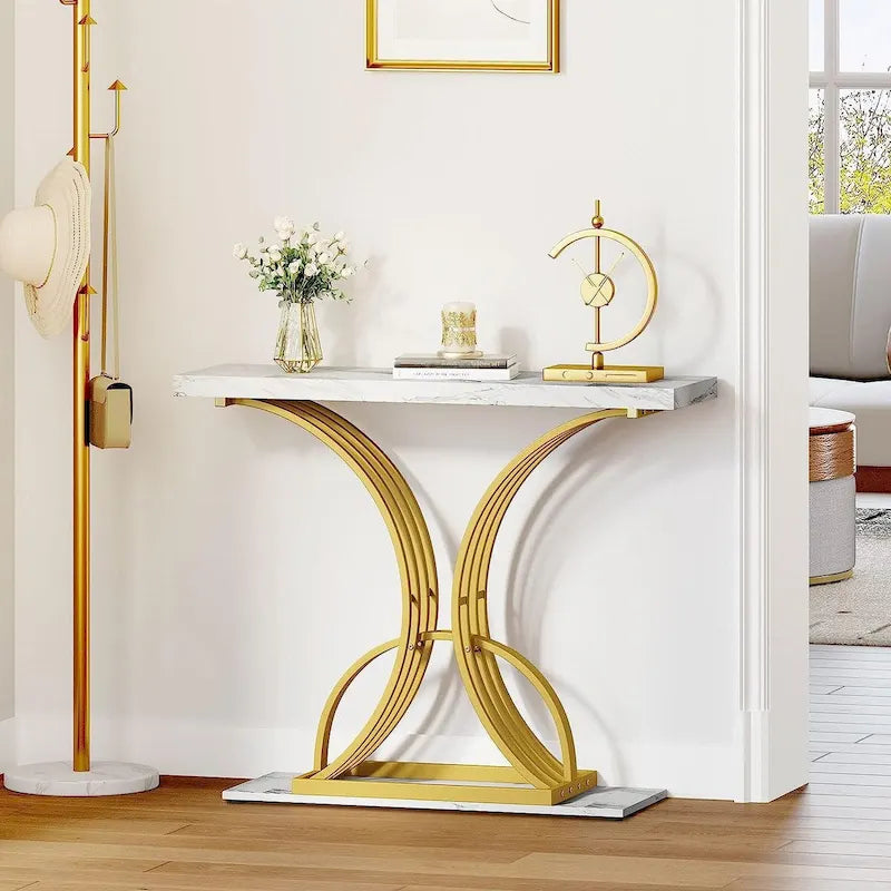 Moasis 39 Table console moderne en faux marbre avec piètement doré, table d'appoint pour entrée de salon