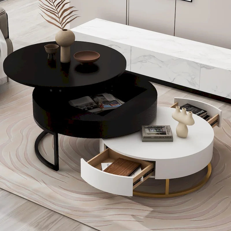 Tables basses gigognes rondes modernes à plateau relevable avec 2 tiroirs