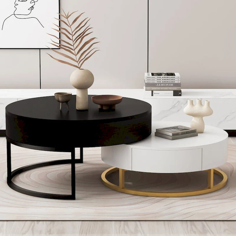 Tables basses gigognes rondes modernes à plateau relevable avec 2 tiroirs