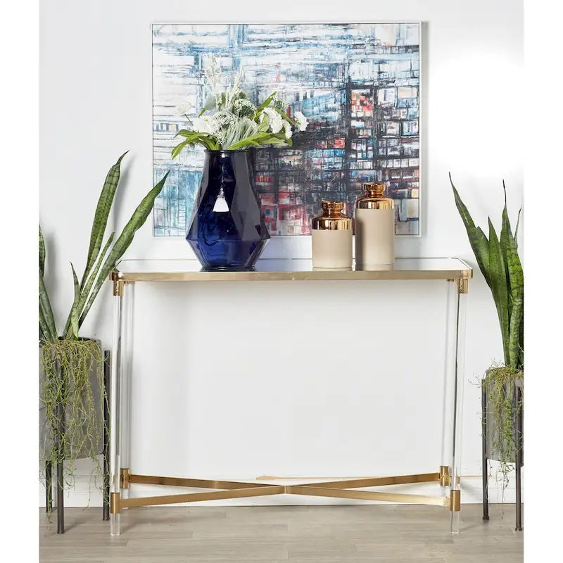 Console en métal avec plateau en miroir et pieds en acrylique – Doré ou Argent –