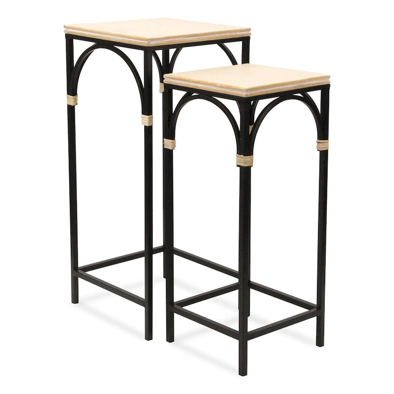 Lot de 2 tables d'appoint carrées Claudette en bois et métal avec détails en rotin