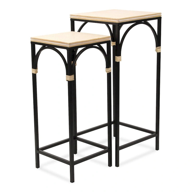 Lot de 2 tables d'appoint carrées Claudette en bois et métal avec détails en rotin