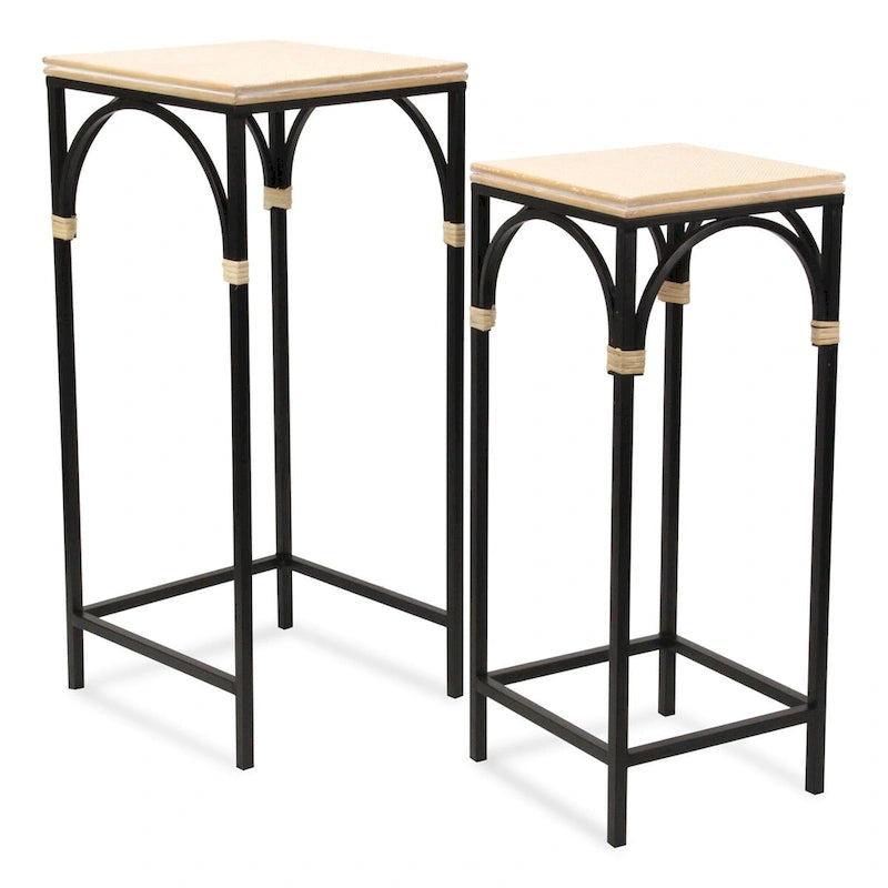 Lot de 2 tables d'appoint carrées Claudette en bois et métal avec détails en rotin