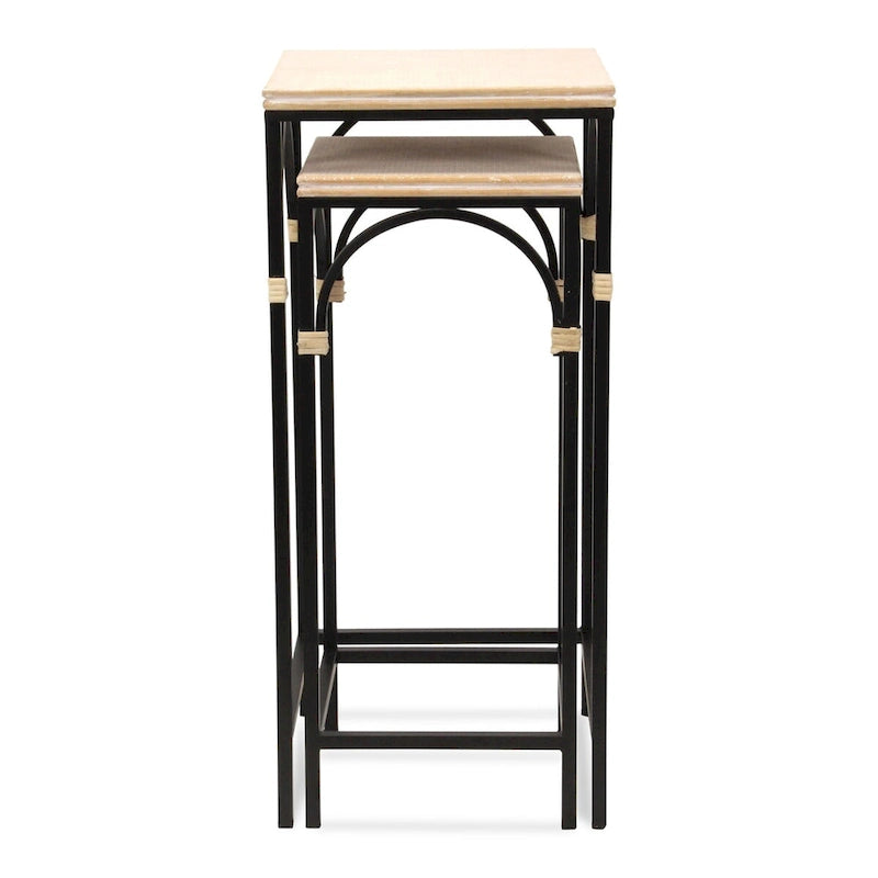 Lot de 2 tables d'appoint carrées Claudette en bois et métal avec détails en rotin