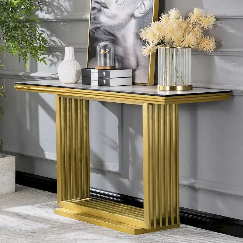 Table console rectangulaire Glam 60 po en verre avec base en acier inoxydable doré brossé