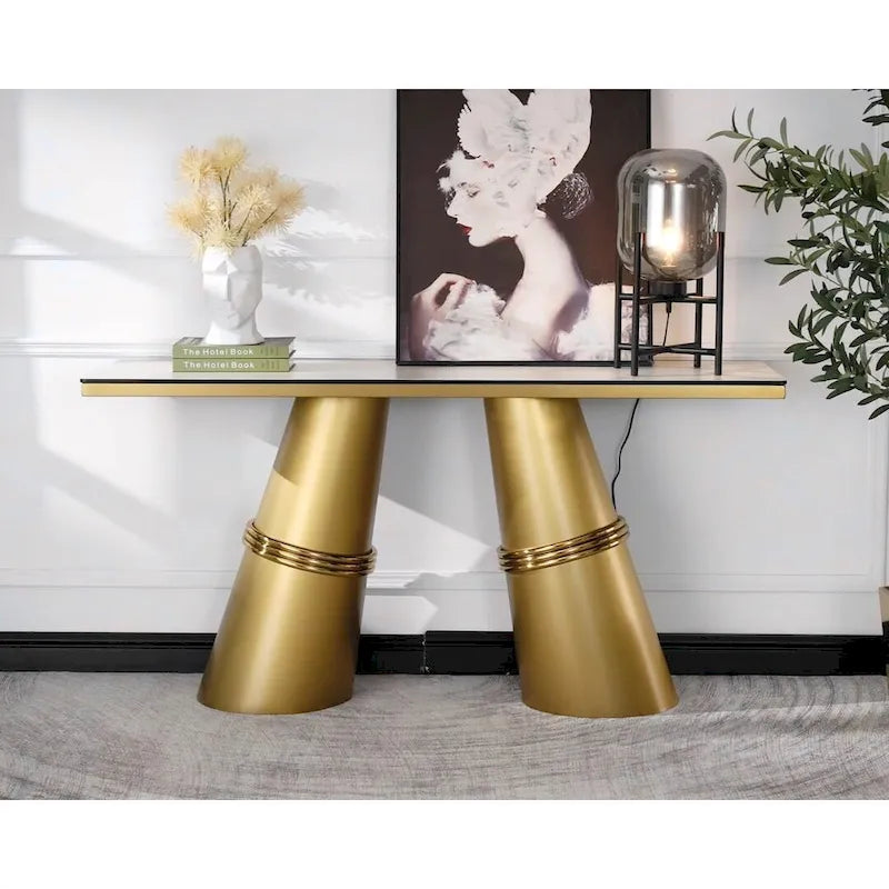 Table console rectangulaire Glam 60 po en verre avec base en acier inoxydable doré brossé