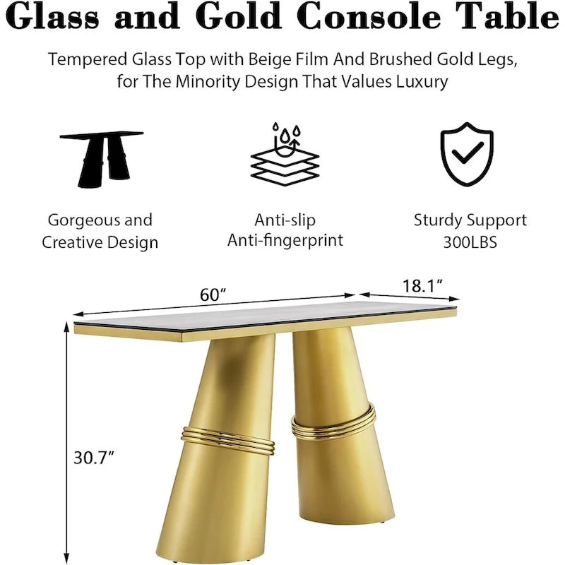 Table console rectangulaire Glam 60 po en verre avec base en acier inoxydable doré brossé