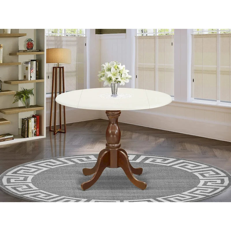 East West Furniture Dublin Dining Room Table - une table de cuisine ronde avec plateau à abattants et base piédestal, lin blanc et acajou