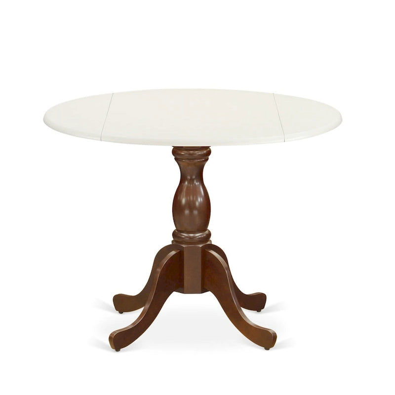 East West Furniture Dublin Dining Room Table - une table de cuisine ronde avec plateau à abattants et base piédestal, lin blanc et acajou