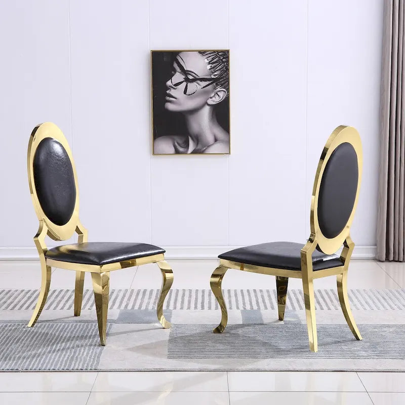 Chaises de salle à manger de luxe en cuir PU noir avec pieds cabriole dorés polis