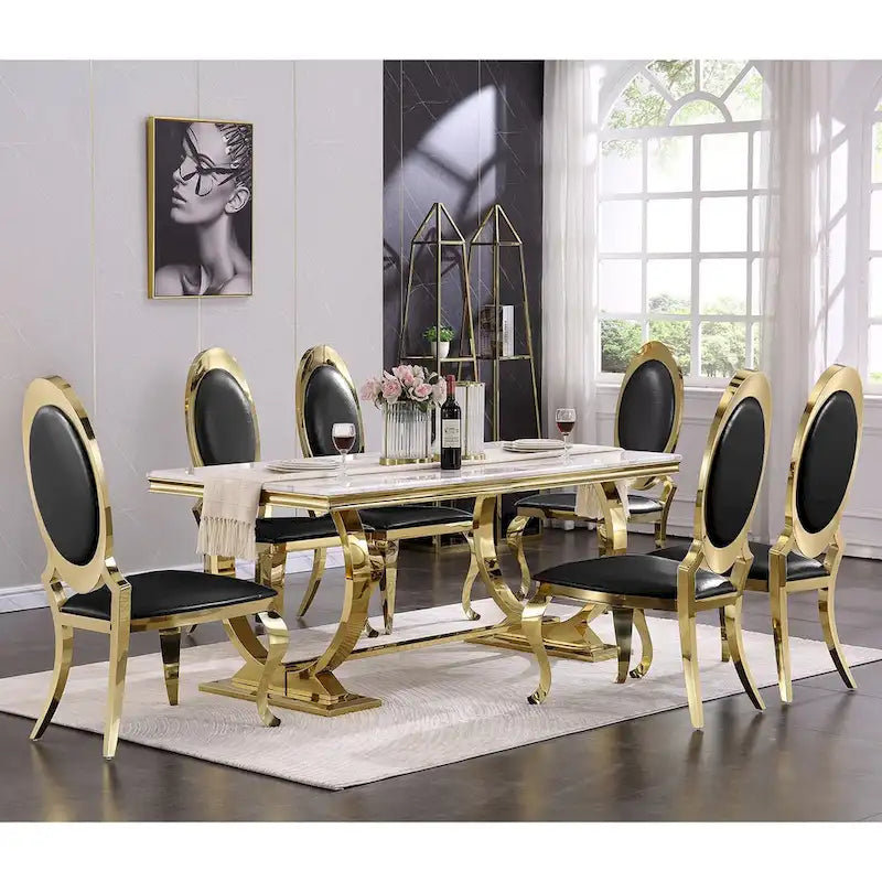 Chaises de salle à manger de luxe en cuir PU noir avec pieds cabriole dorés polis