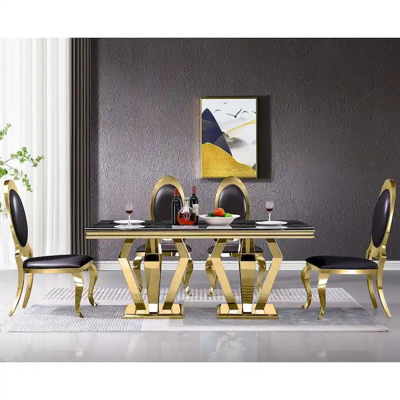 Chaises de salle à manger de luxe en cuir PU noir avec pieds cabriole dorés polis