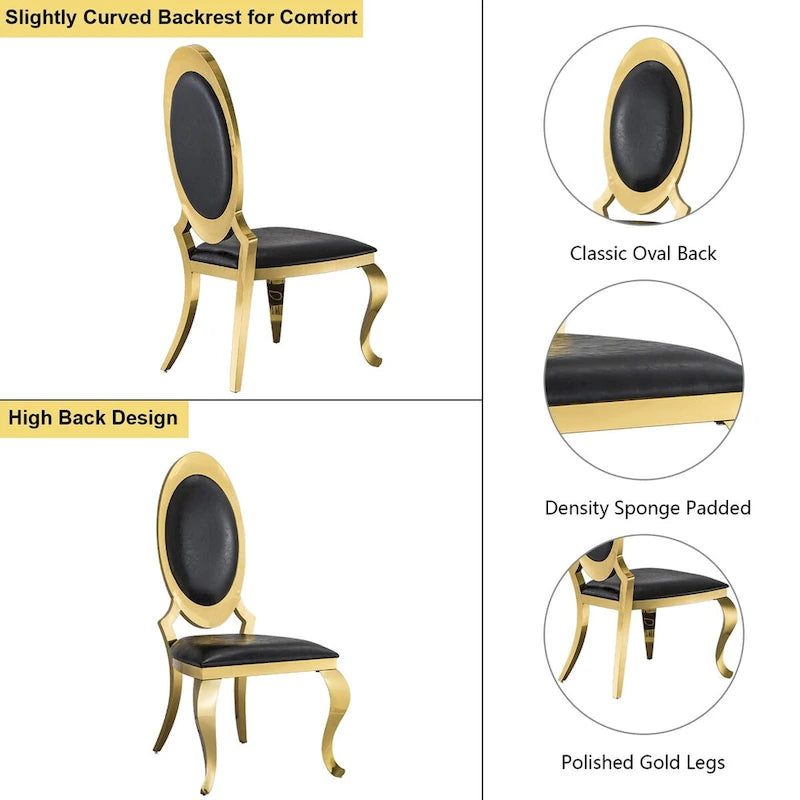 Chaises de salle à manger de luxe en cuir PU noir avec pieds cabriole dorés polis