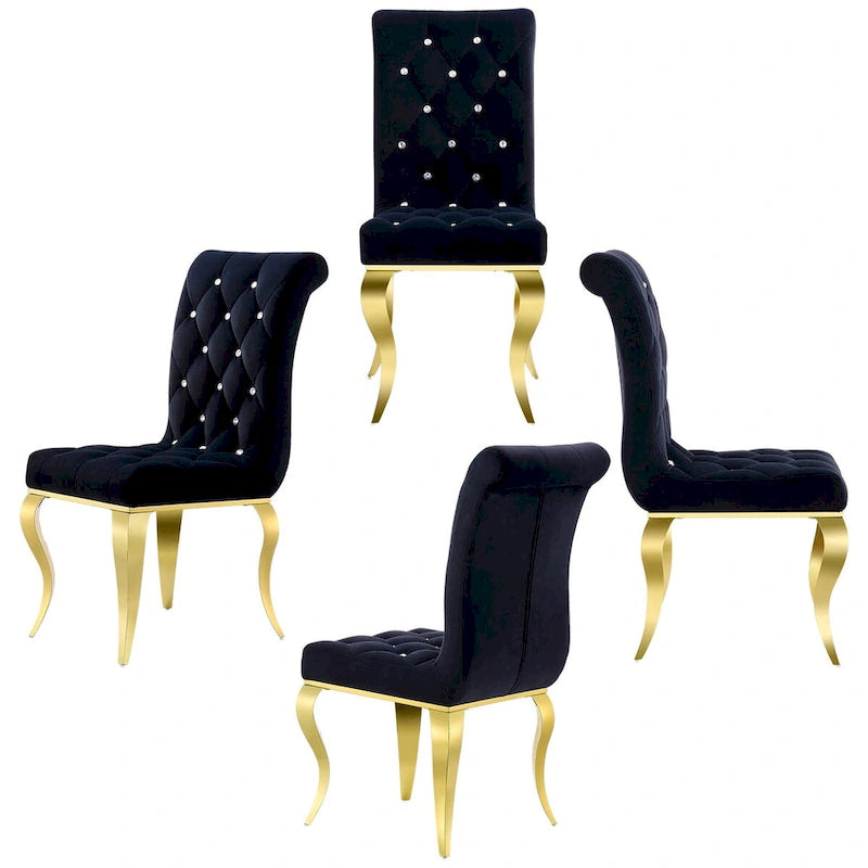 Chaises de salle à manger de luxe en velours noir avec pieds dorés polis