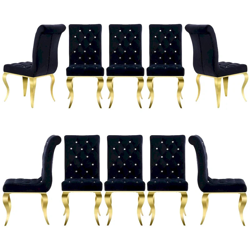 Chaises de salle à manger de luxe en velours noir avec pieds dorés polis