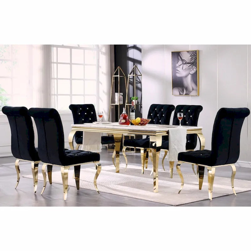 Chaises de salle à manger de luxe en velours noir avec pieds dorés polis