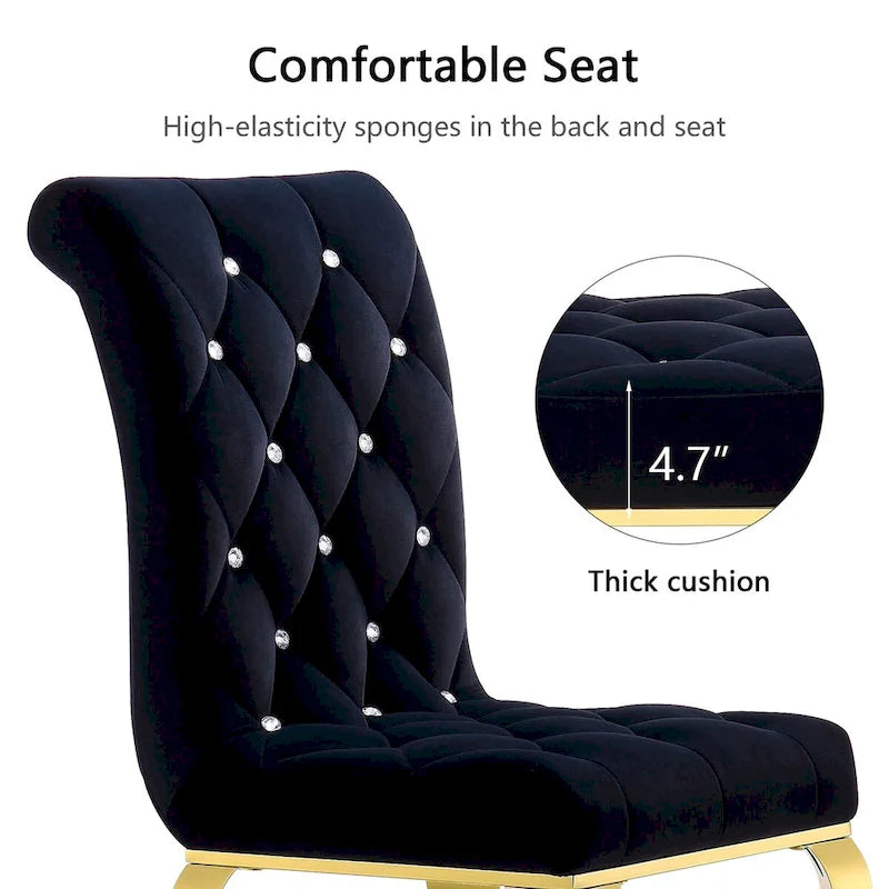 Chaises de salle à manger de luxe en velours noir avec pieds dorés polis