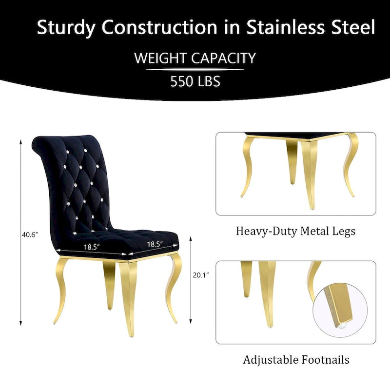 Chaises de salle à manger de luxe en velours noir avec pieds dorés polis