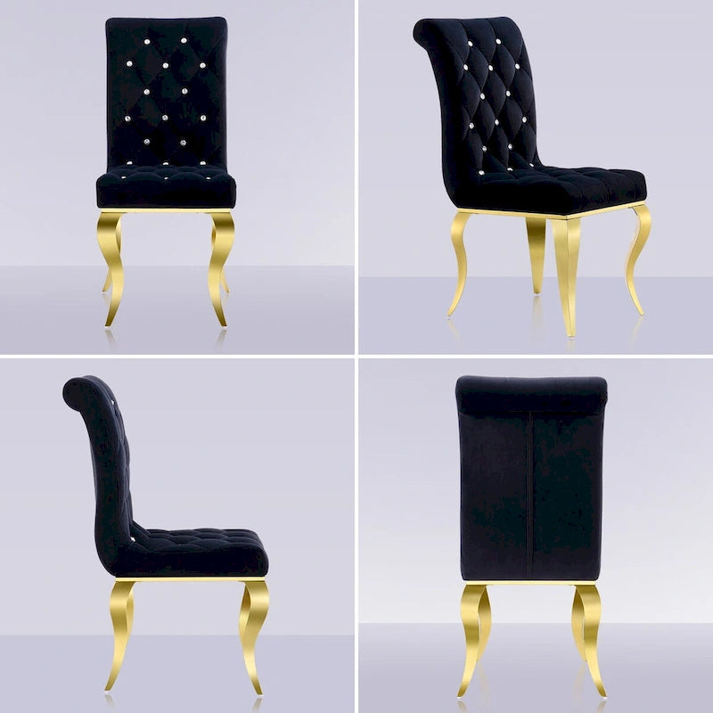 Chaises de salle à manger de luxe en velours noir avec pieds dorés polis