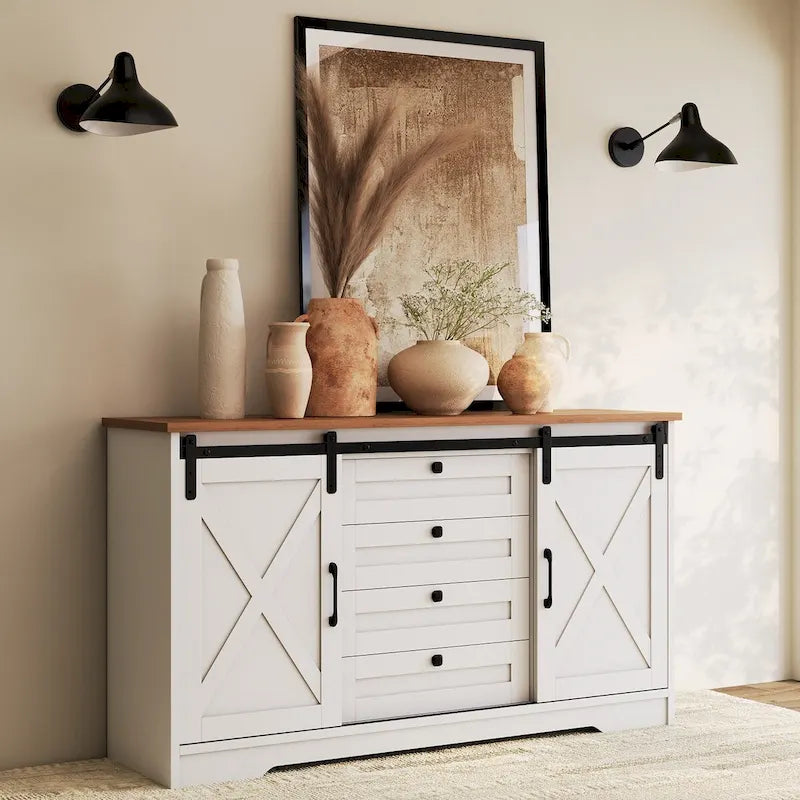 Meuble de rangement pour buffet de grange JASIWAY avec 2 portes et 4 tiroirs