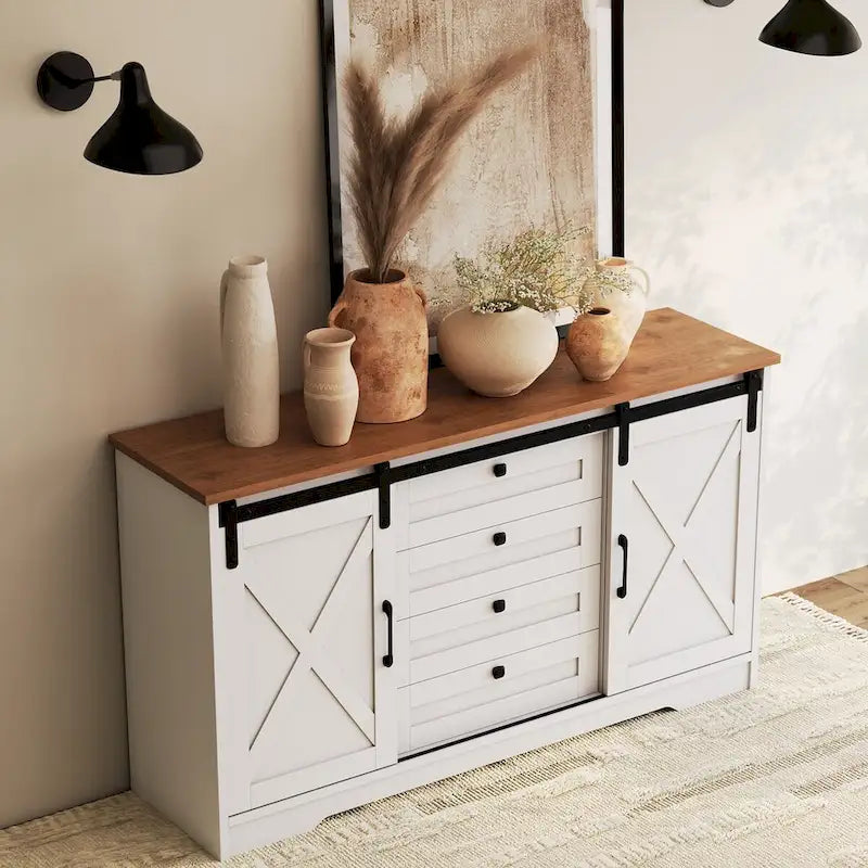 Meuble de rangement pour buffet de grange JASIWAY avec 2 portes et 4 tiroirs
