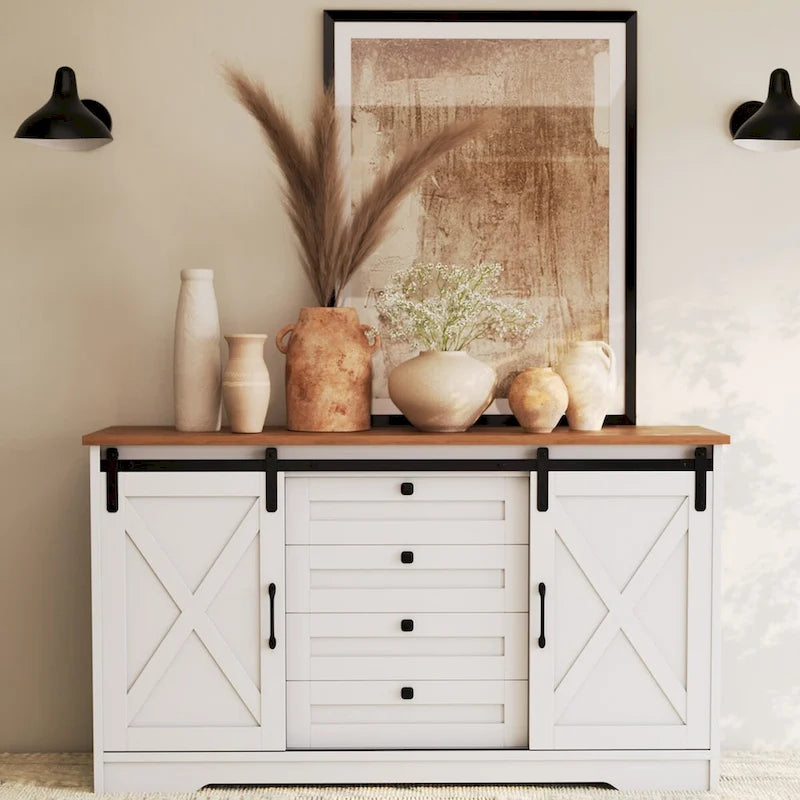 Meuble de rangement pour buffet de grange JASIWAY avec 2 portes et 4 tiroirs
