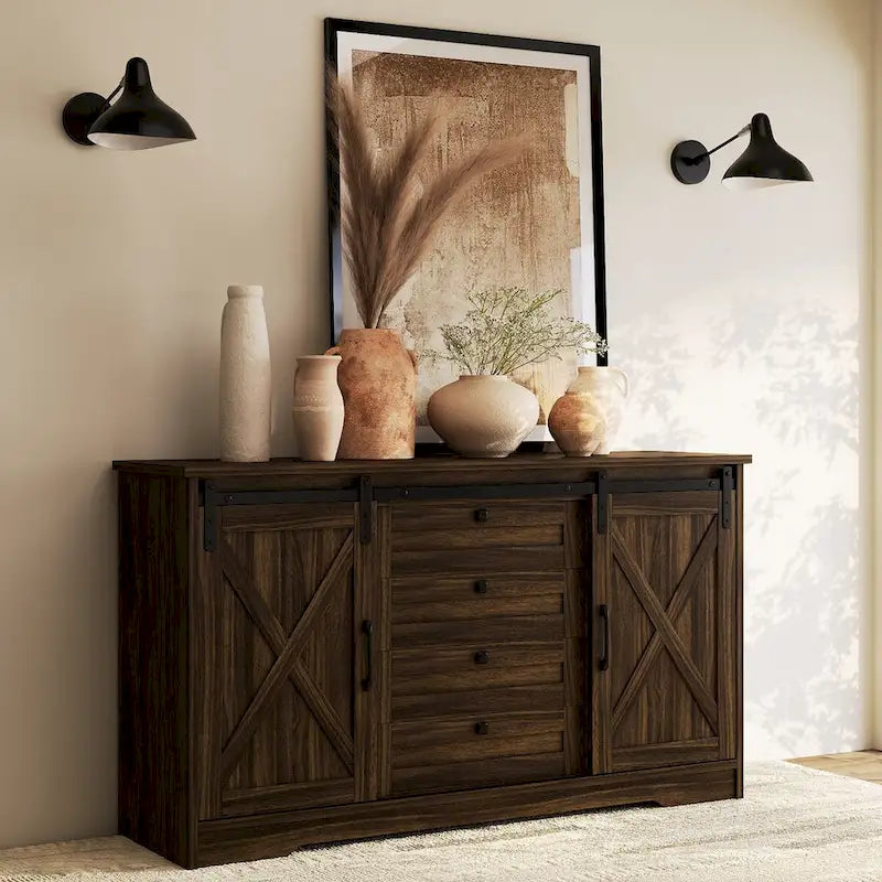 Meuble de rangement pour buffet de grange JASIWAY avec 2 portes et 4 tiroirs