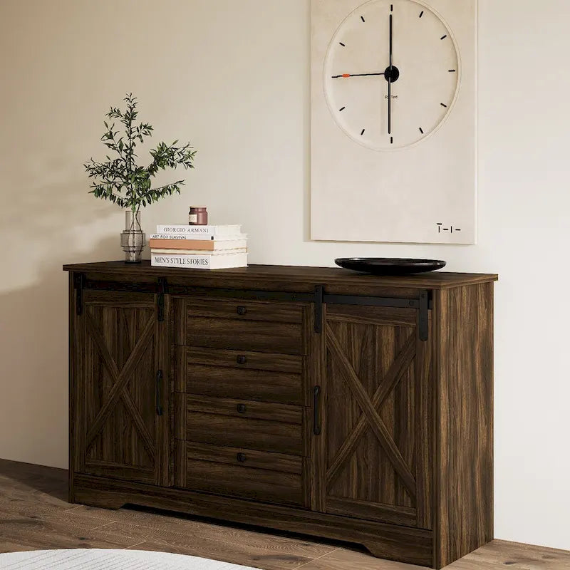 Meuble de rangement pour buffet de grange JASIWAY avec 2 portes et 4 tiroirs