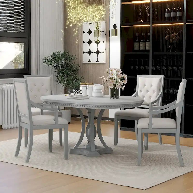 Ensemble de salle à manger rétro 5 pièces Table ronde extensible et 4 chaises pour cuisine et salle à manger