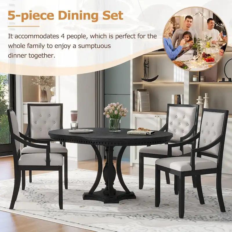 Ensemble de salle à manger rétro 5 pièces Table ronde extensible et 4 chaises pour cuisine et salle à manger
