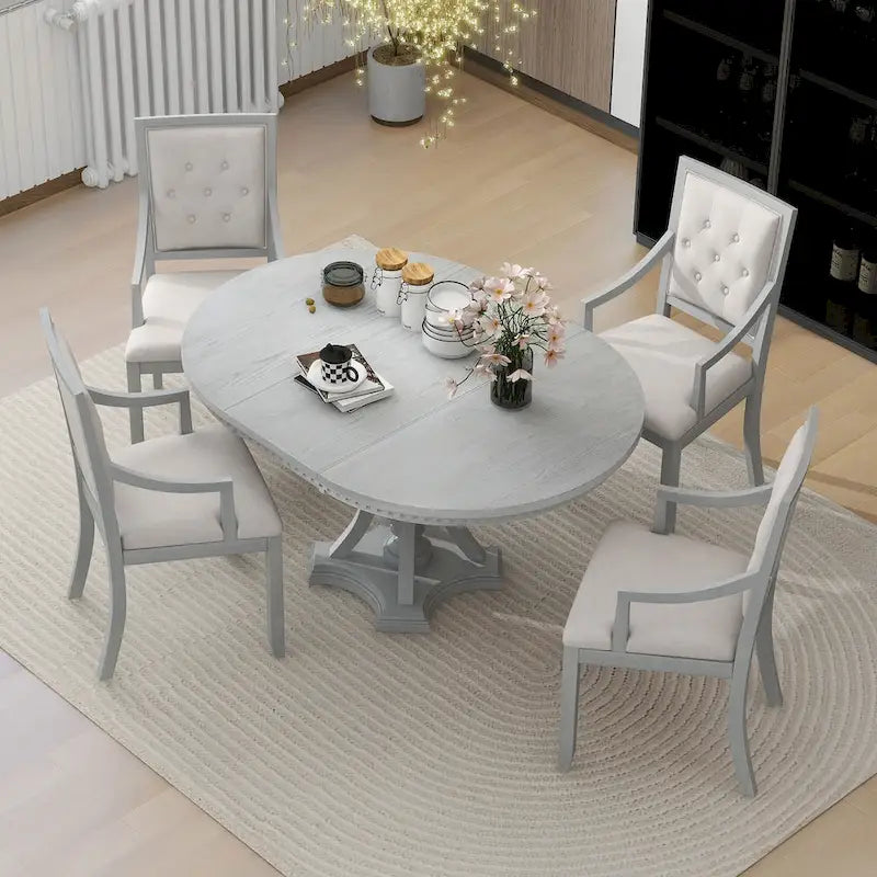 Ensemble de salle à manger rétro 5 pièces Table ronde extensible et 4 chaises pour cuisine et salle à manger
